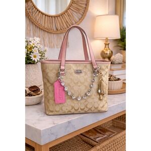 Vintage Coach Zip Top Tote Signature Leather Canvas Pink Cream Y2K 2000's Bag